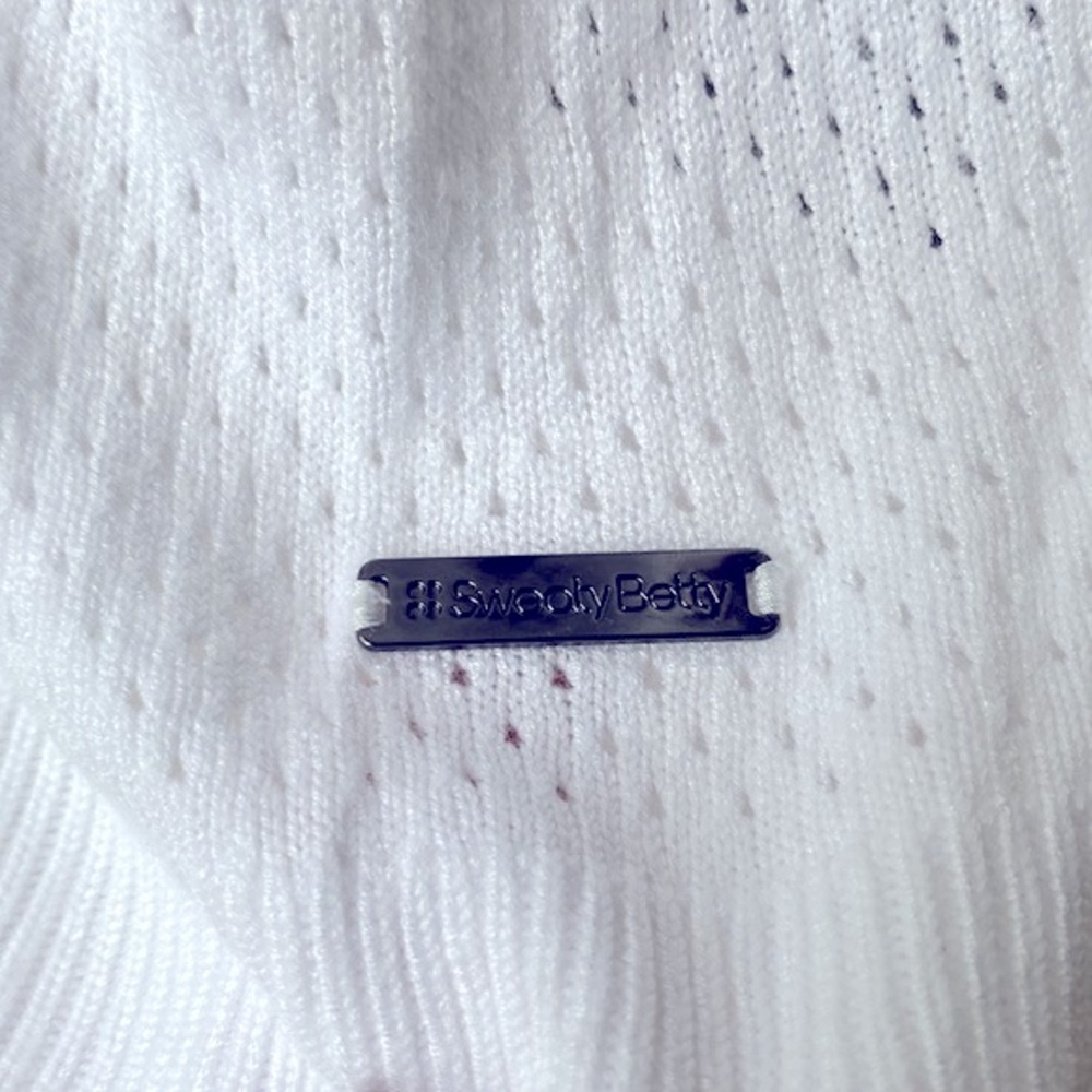 Sweaty Betty Long-sleeve eyelet White hooded top & blue trim on sleeves, Size M - Picture 3 of 10